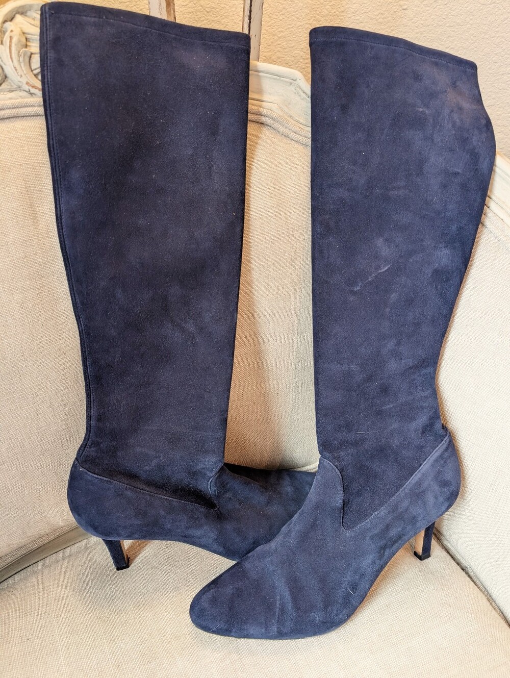 Manolo Blahnik Navy Suede Knee Stiletto Boots